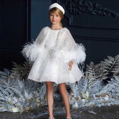 [Archive Sale] Scuba Knit Sequins Long Sleeve Midi Dresses - White - 5-6Y【110cm】 - image 1