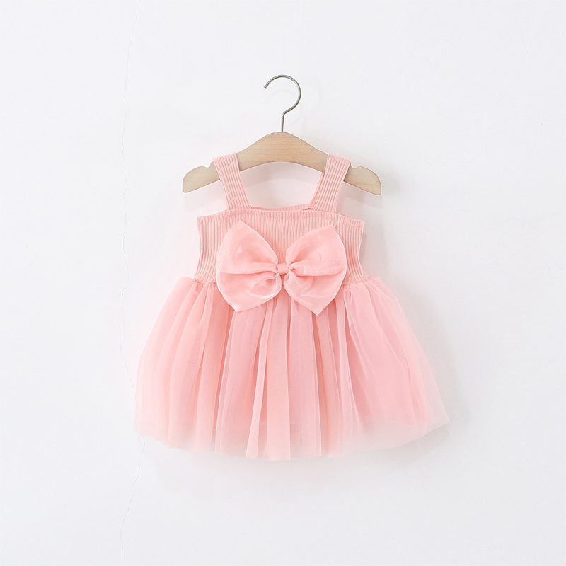 Mesh Bow Sleeveless Regular Dresses - Pink - 120cm - image 1