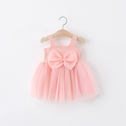 Mesh Bow Sleeveless Regular Dresses - Pink - 120cm - image 1