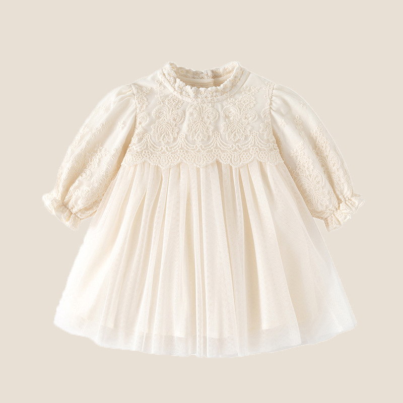 [Archive Sale] Mesh Split Joint Long Sleeve Midi Dresses - Beige - 12-18M - image 1