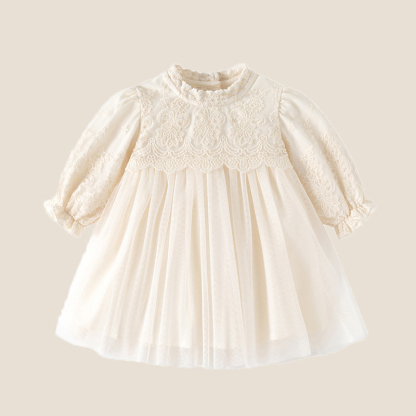 [Archive Sale] Mesh Split Joint Long Sleeve Midi Dresses - Beige - 12-18M - image 1