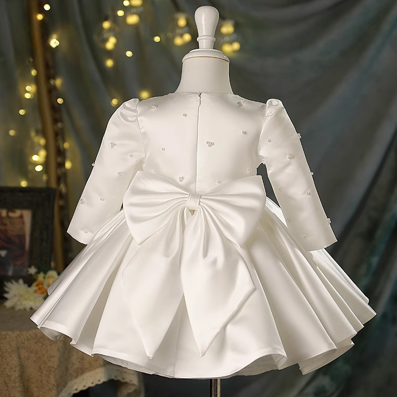 [Archive Sale] Satin Bow Imitation Pearls Long Sleeve Midi Dresses - image 2