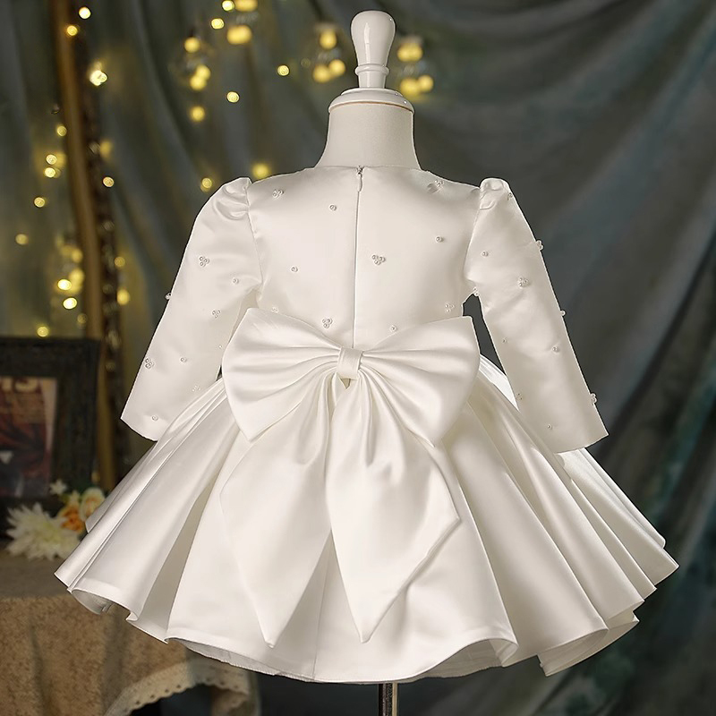Satin Bow Imitation Pearls Long Sleeve Midi Dresses - image 2