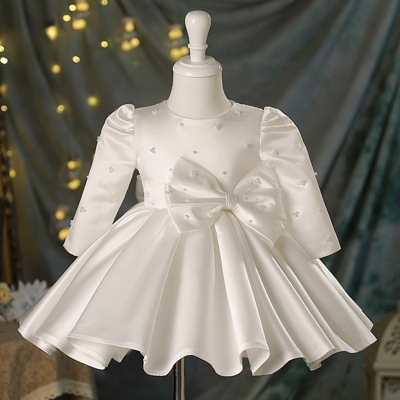 Satin Bow Imitation Pearls Long Sleeve Midi Dresses - White Long Sleeve - 160cm - image 1