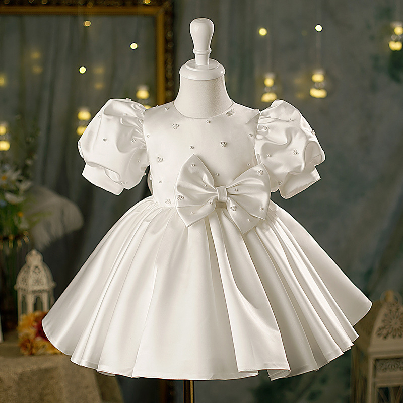 Satin Bow Imitation Pearls Long Sleeve Midi Dresses - White Short Sleeve - 160cm - image 5