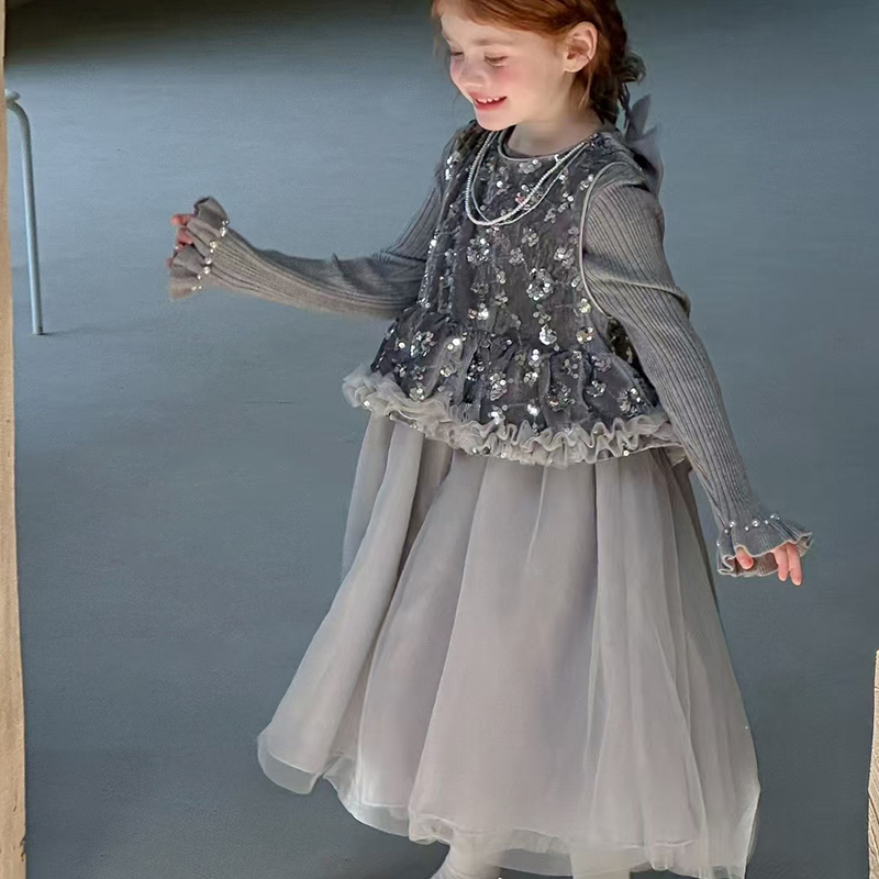 Velvet Panel Sleeveless Maxi Two-piece Set - Grey Tops - 11-12Y - image 1