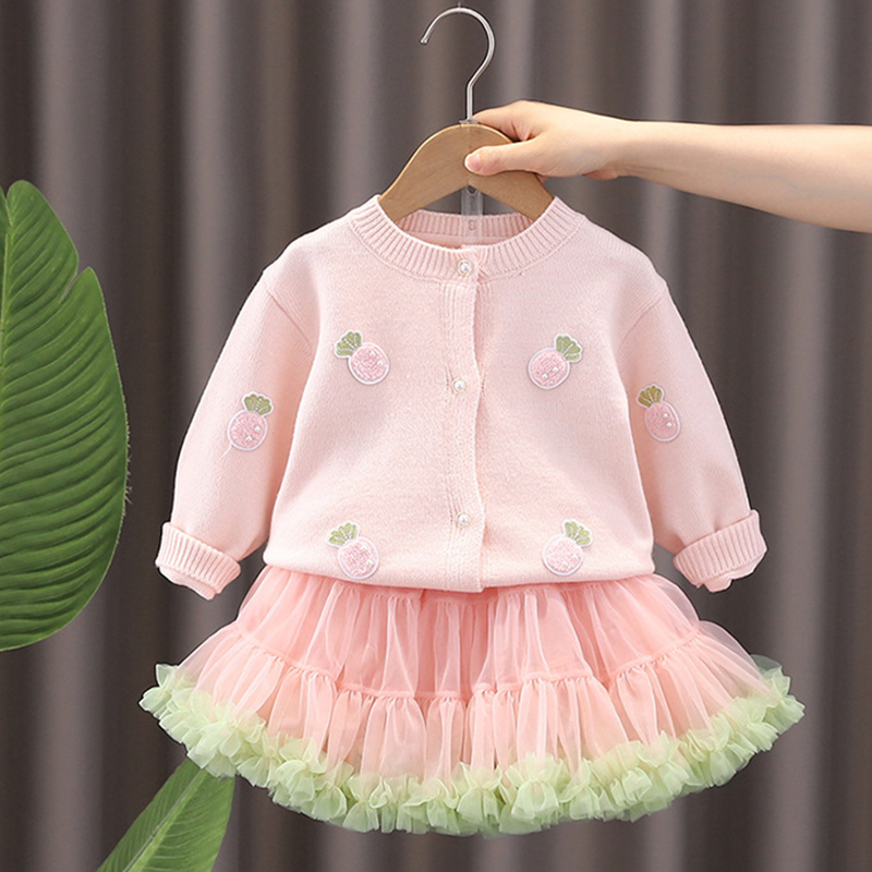 [Archive Sale] Yarn/wool Yarn Folds Long Sleeve Regular Two-piece Set - Pink - 110cm - image 1