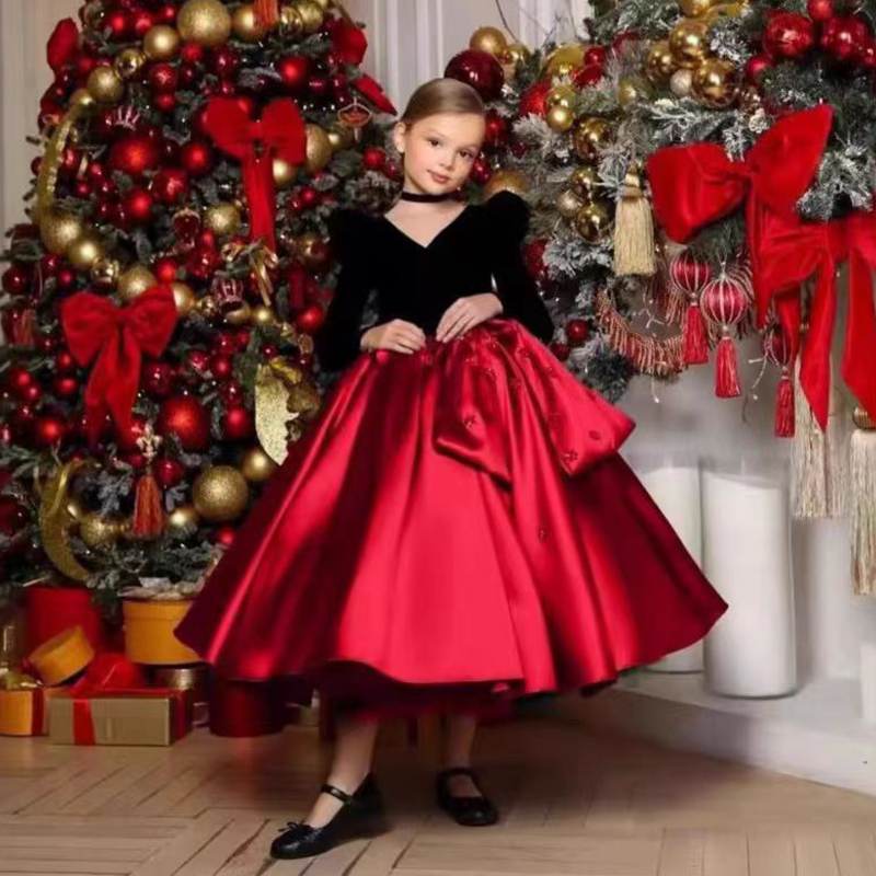 Satin Split Joint Long Sleeve Maxi Dresses - Wine - 13-14Y - image 8