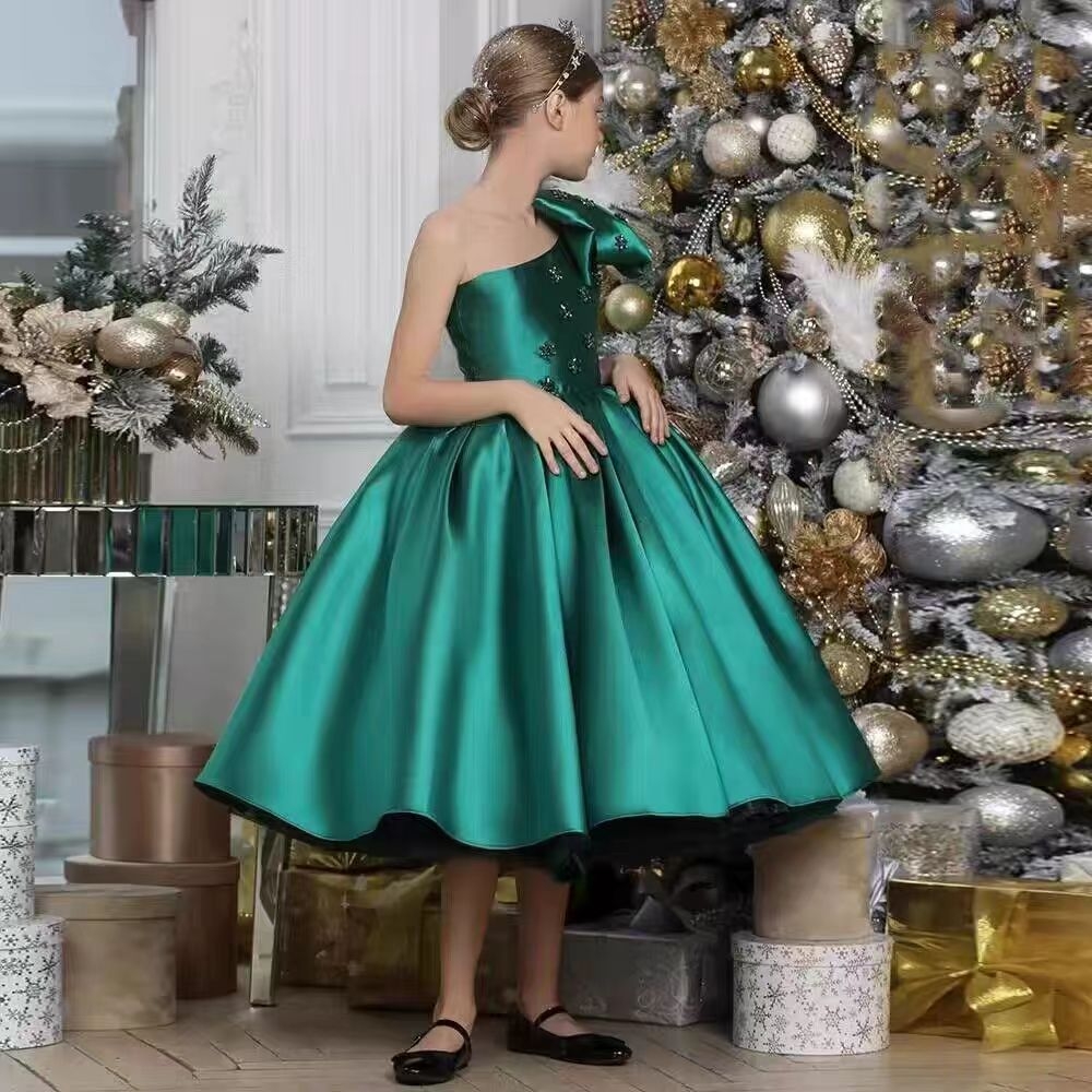 Satin Split Joint Long Sleeve Maxi Dresses - Dark Green Single Shoulder Style - 13-14Y - image 9