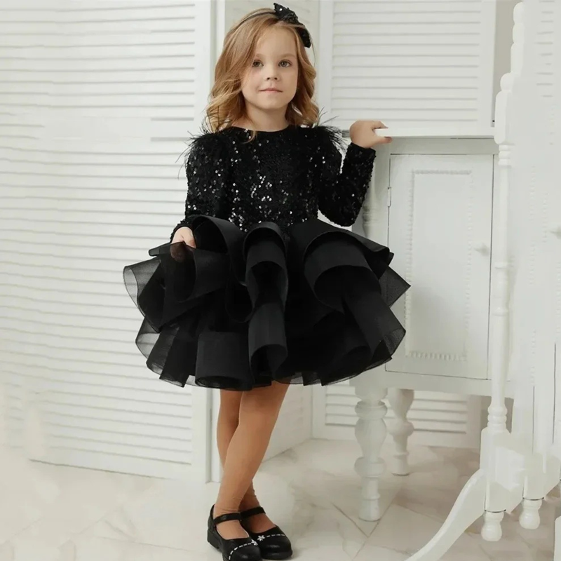 Glitter Bow Long Sleeve Midi Dresses - Black - 9-11Y - image 1
