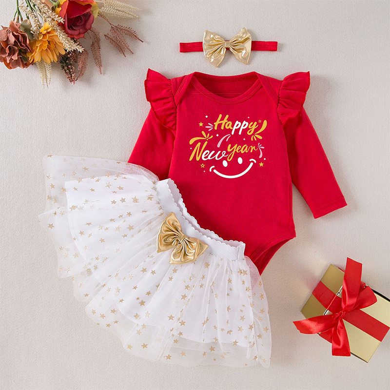 Mesh  Bow Printing Long Sleeve Regular Two-piece Set - Smiley New Year Set - 12-18M - image 1