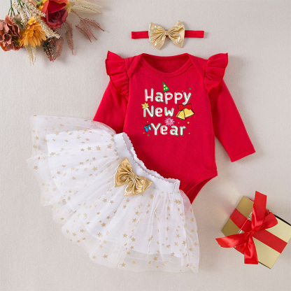 Mesh  Bow Printing Long Sleeve Regular Two-piece Set - Decorative New Year Set - 12-18M - image 6