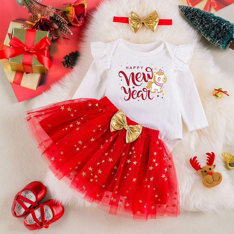 Mesh  Bow Printing Long Sleeve Regular Two-piece Set - Unicorn Red Skirt Set - 12-18M - image 8