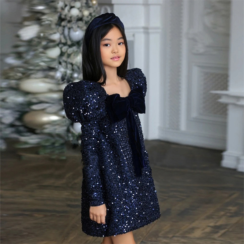 Glitter Bow Sequins Long Sleeve Regular Dresses - Navy Blue - 150cm - image 5