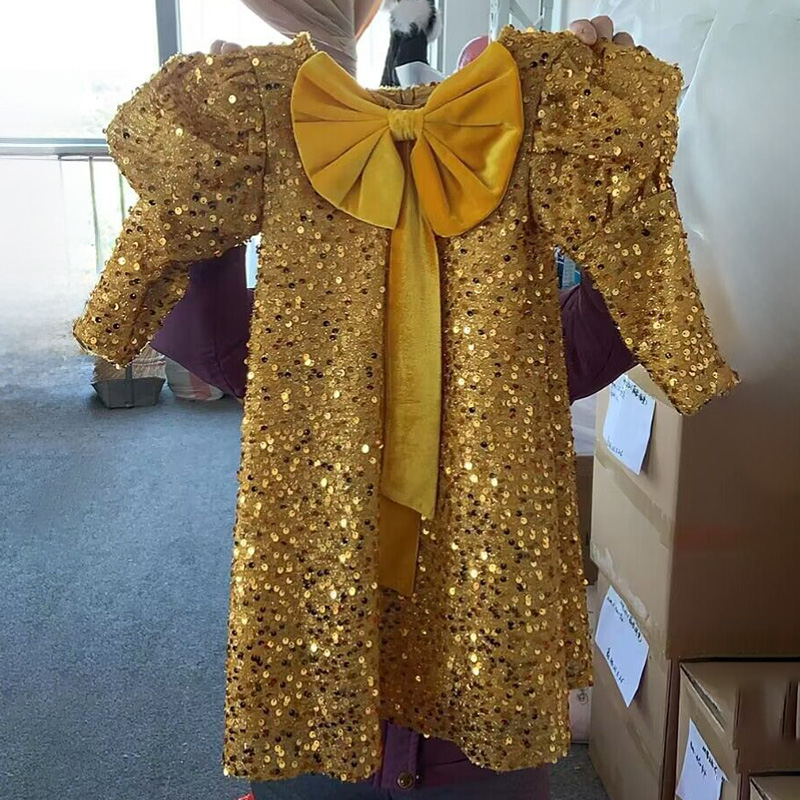 Glitter Bow Sequins Long Sleeve Regular Dresses - Yellow - 150cm - image 6