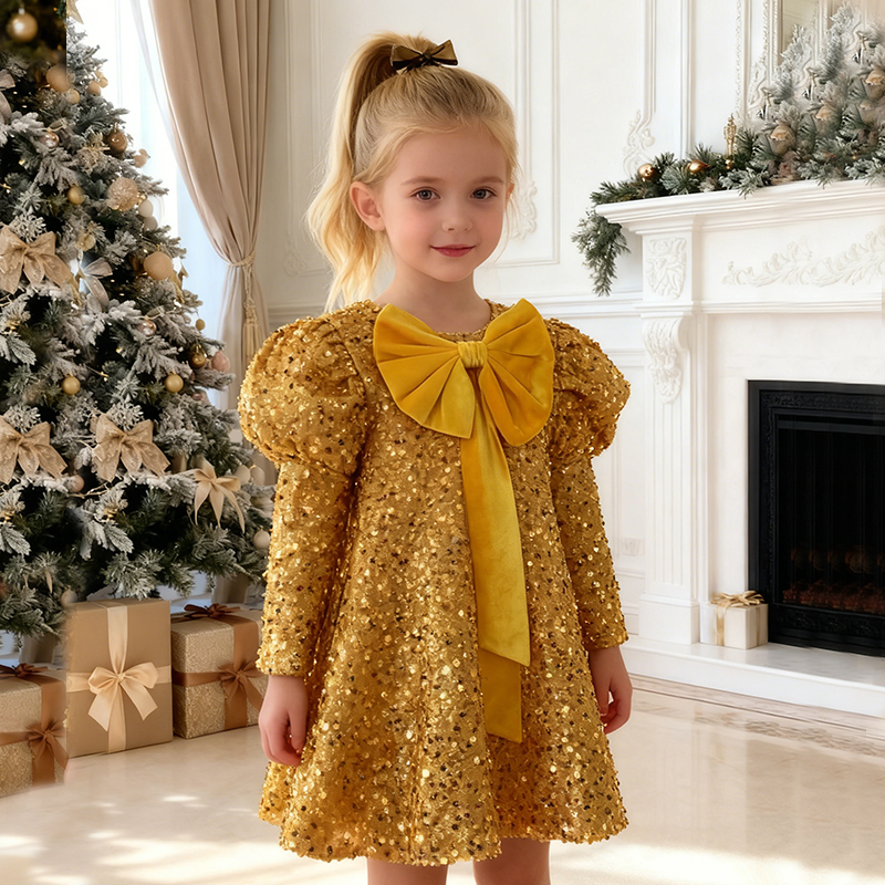 Glitter Bow Sequins Long Sleeve Regular Dresses - image 7