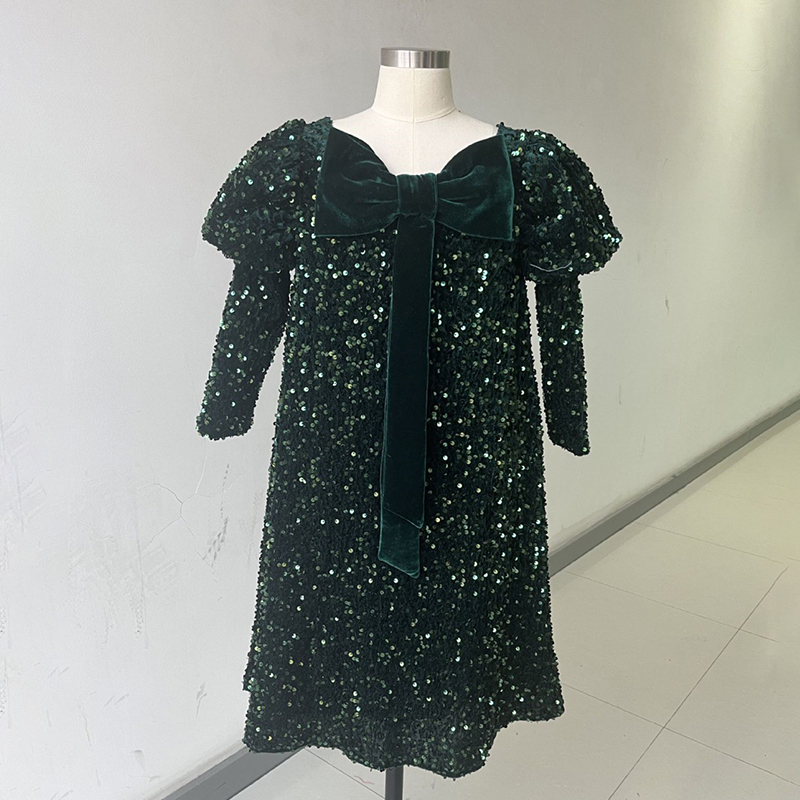 Glitter Bow Sequins Long Sleeve Regular Dresses - Dark Green - 150cm - image 8