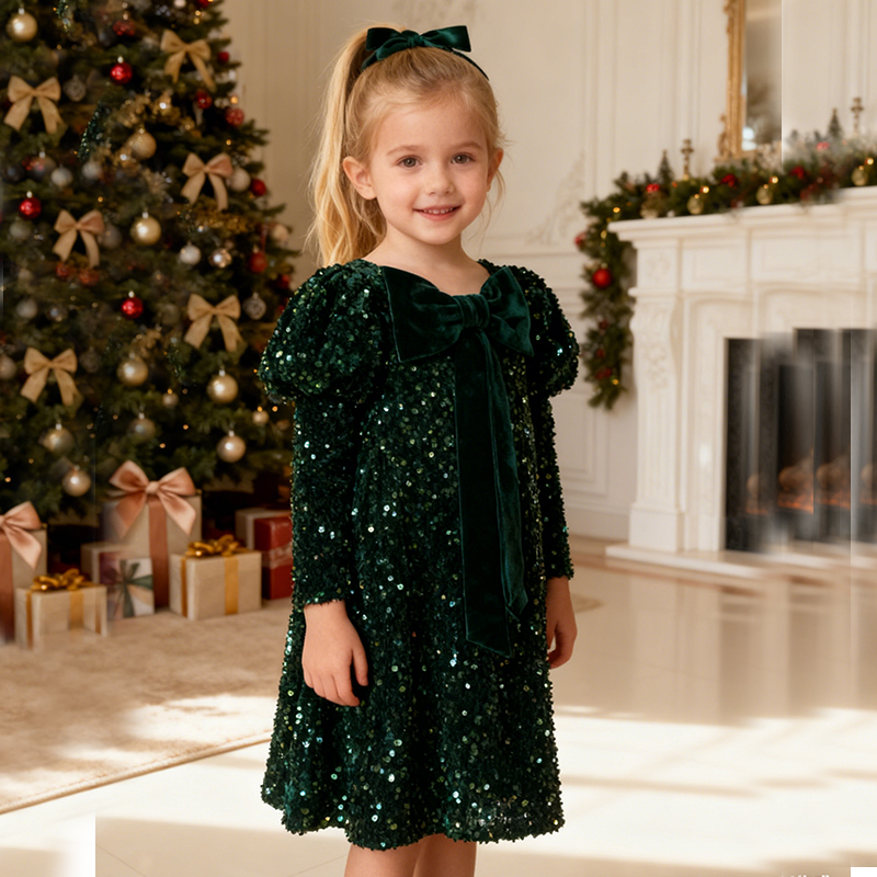 Glitter Bow Sequins Long Sleeve Regular Dresses - image 9