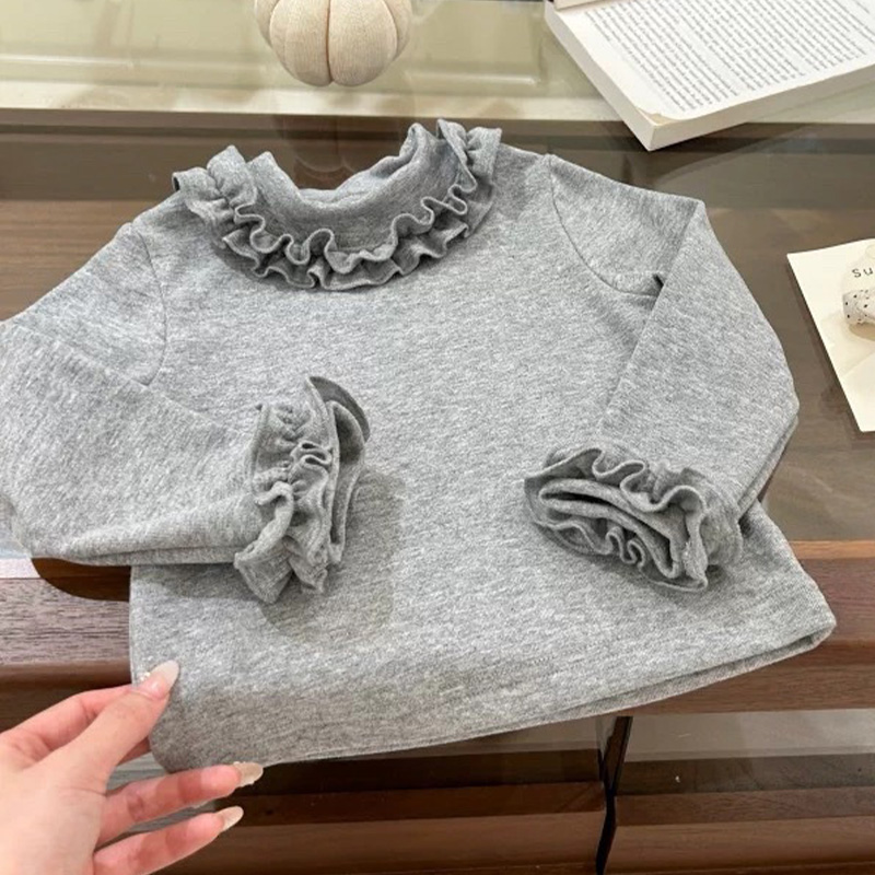Cotton Flouncing Long Sleeve Regular Tops - Grey - 130cm - image 3