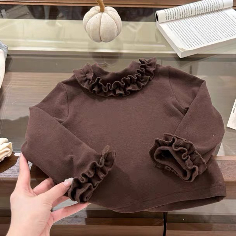 Cotton Flouncing Long Sleeve Regular Tops - Coffee - 130cm - image 4