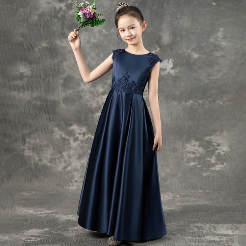 [Archive Sale] Satin Lace Bow Cap Sleeve Maxi Dresses - Navy Blue - 130cm - image 1