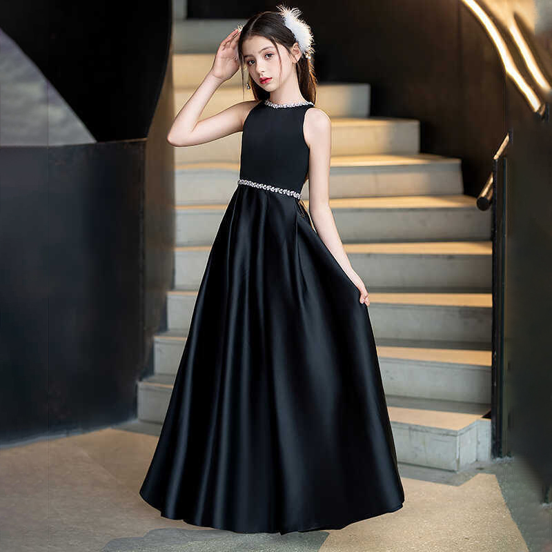 Satin Rhinestone Sleeveless Maxi Dresses - Black - 160cm - image 1