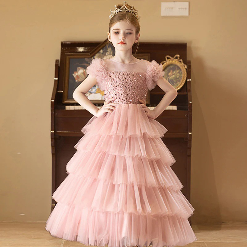 Mesh Folds Sequins Short Sleeve Maxi Dresses - Pink - 160cm - image 1