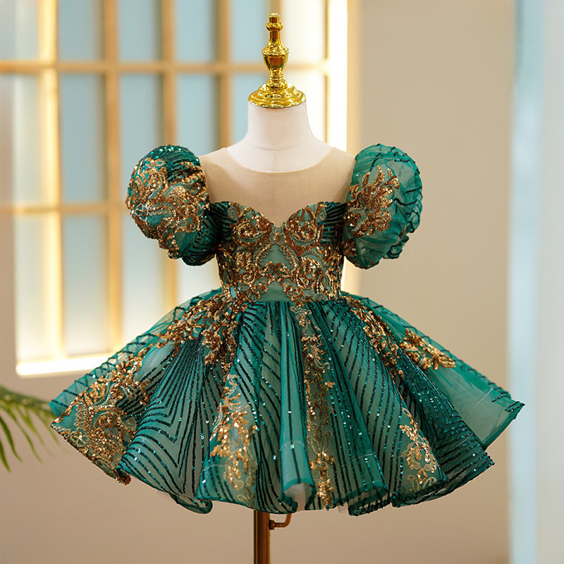 Glitter Sequins Short Sleeve Midi Dresses - Dark Green - 160cm - image 1
