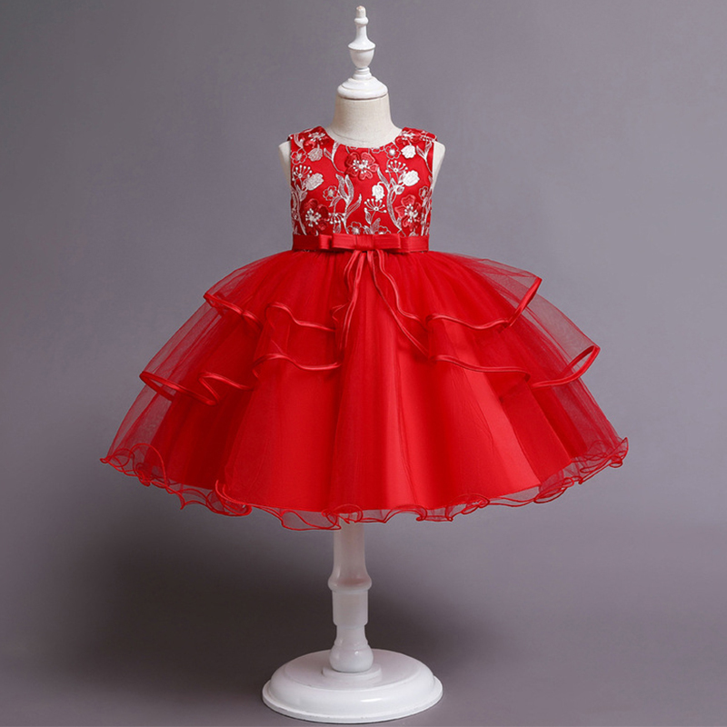 Mesh Embroidery Sleeveless Midi Dresses - Red - 11-12Y - image 9