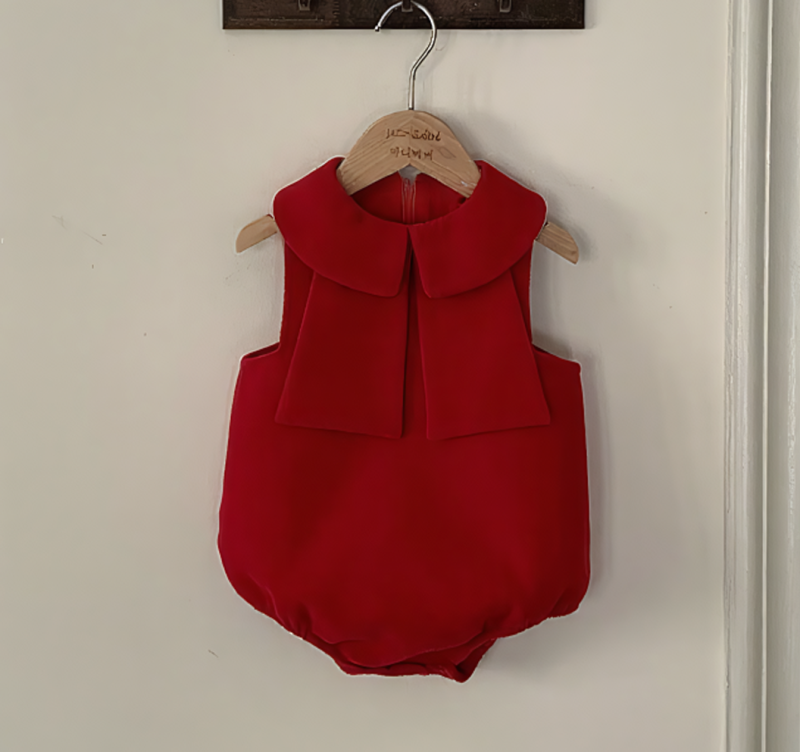 [Archive Sale] Woolen Bow Sleeveless Short Bodysuit - Red - 90cm - image 1