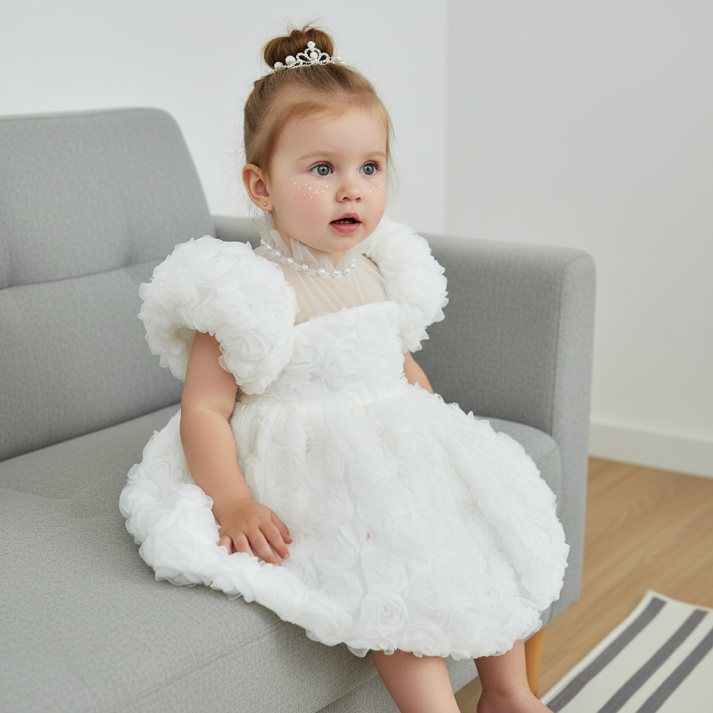 Chemical Fiber Blend Rosette Sleeveless Midi Dresses - White - 5Y - image 1