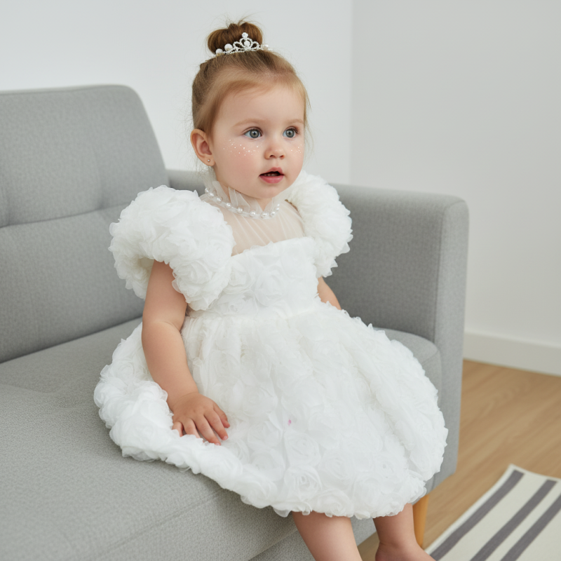 Chemical Fiber Blend Rosette Sleeveless Midi Dresses - White - 5Y - image 1