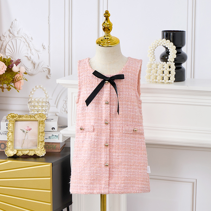 Tweed Buckle Bow Sleeveless Regular Dresses - Pink - 100cm - image 2