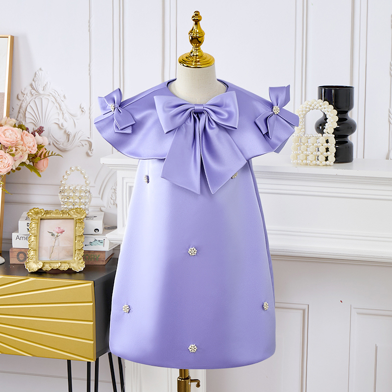 Satin Imitation Pearls Sleeveless Regular Dresses - Light Purple - 130cm - image 5