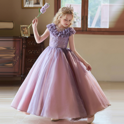 Chemical Fiber Blend Embroidery Sleeveless Maxi Dresses - Purple - 12-14Y - image 1