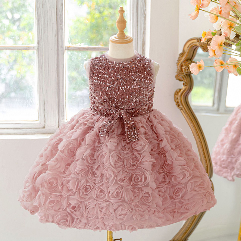 Glitter Bow Sleeveless Midi Dresses - Pink - 7Y - image 1