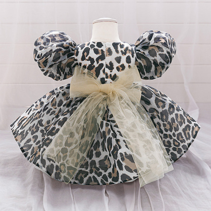 Cotton-Blend Bow Sleeveless Midi Dresses - Leopard Print - 2-3Y - image 1