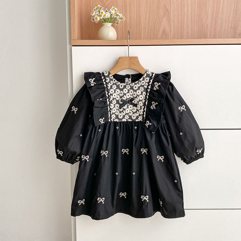 Cotton Bow Floral-embroidered Long Sleeve Regular Dresses&Bodysuit - Black Dress - 130cm - image 3