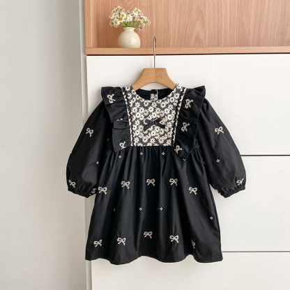 Cotton Bow Floral-embroidered Long Sleeve Regular Dresses&Bodysuit - Black Dress - 130cm - image 3
