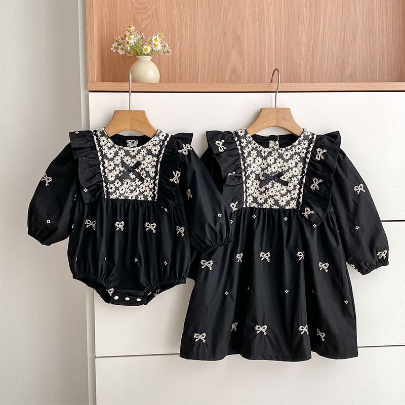 Cotton Bow Floral-embroidered Long Sleeve Regular Dresses&Bodysuit - image 1