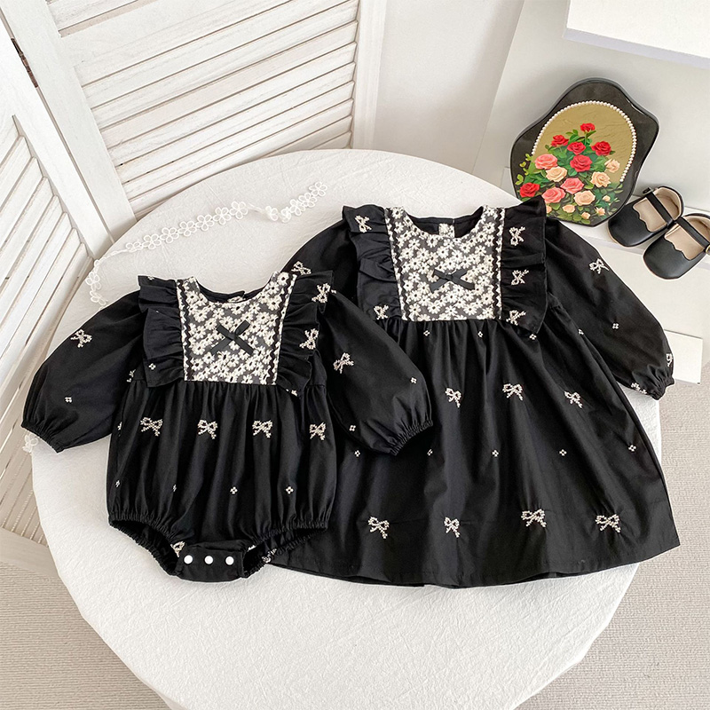 Cotton Bow Floral-embroidered Long Sleeve Regular Dresses&Bodysuit - image 2