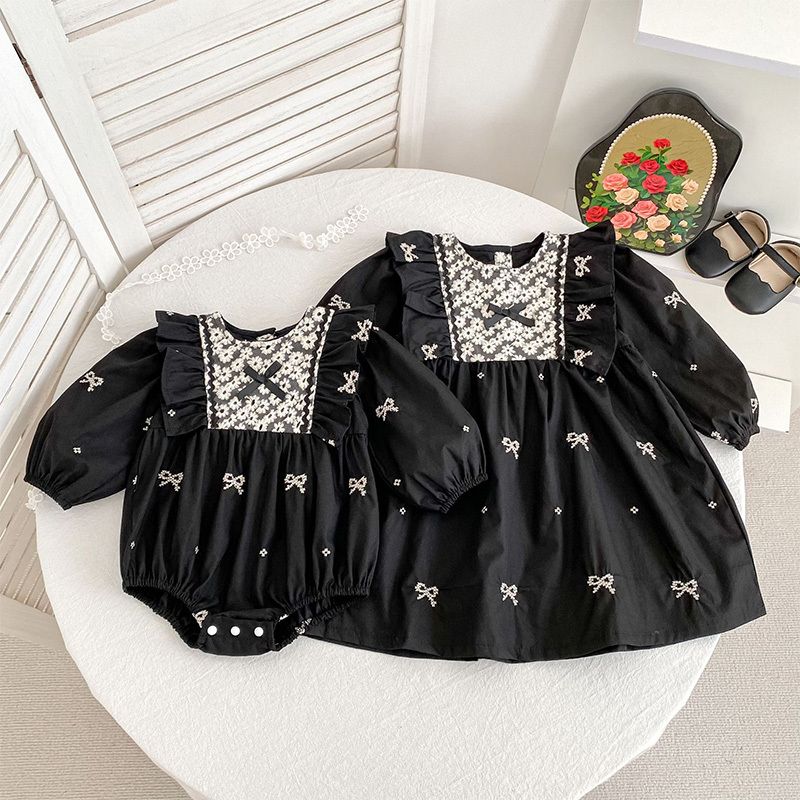 Cotton Bow Floral-embroidered Long Sleeve Regular Dresses&Bodysuit - image 2