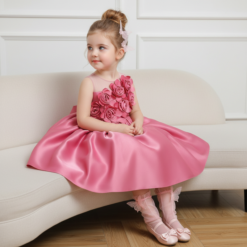 Satin Rosette Sleeveless Midi Dresses - Pink - 11-12Y - image 1