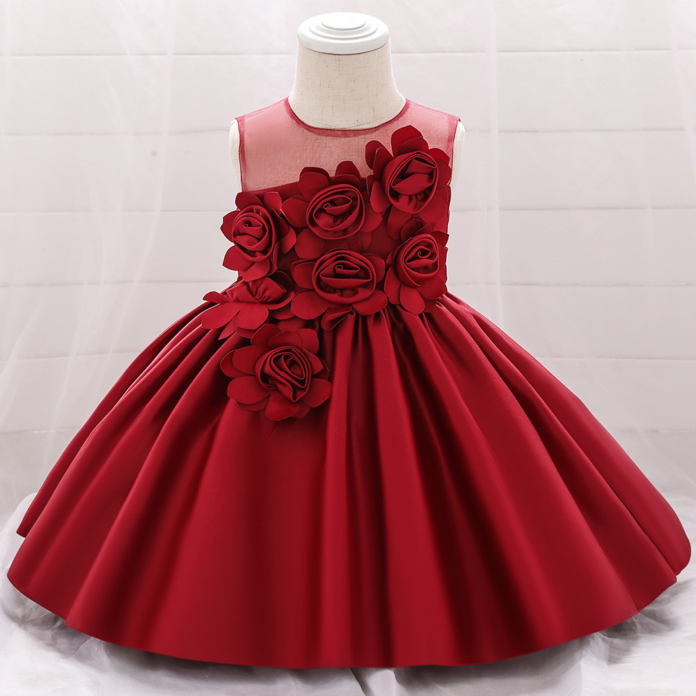 Satin Rosette Sleeveless Midi Dresses - Wine - 11-12Y - image 14