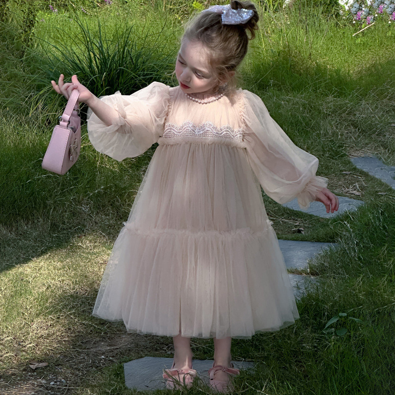 [Archive Sale] Mesh Folds Lace Long Sleeve Mid-long Dresses - image 4