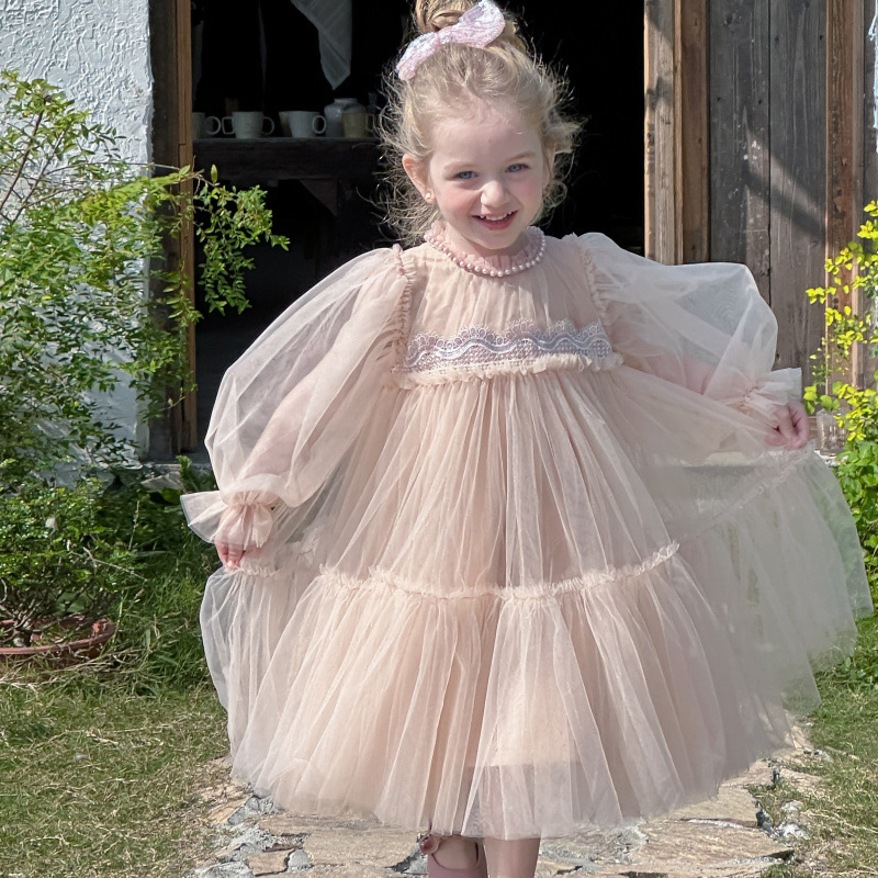 [Archive Sale] Mesh Folds Lace Long Sleeve Mid-long Dresses - image 1