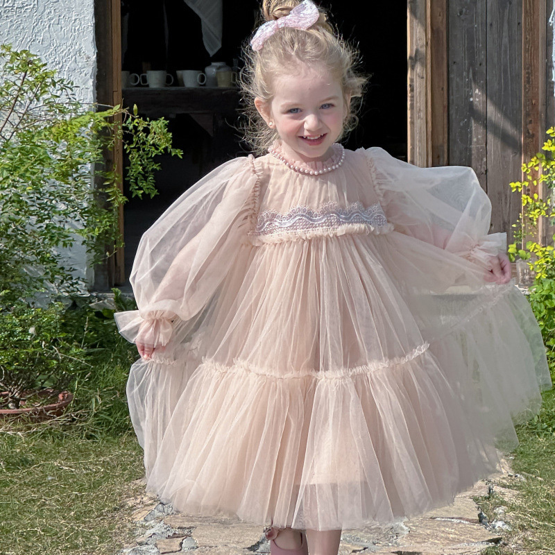 [Archive Sale] Mesh Folds Lace Long Sleeve Mid-long Dresses - image 1