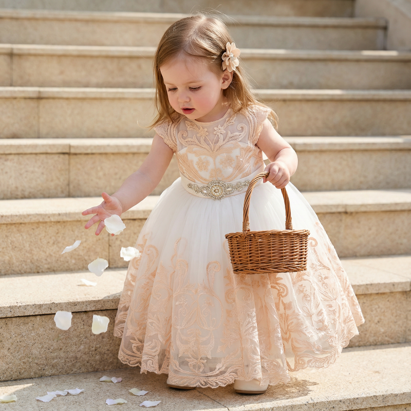 Mesh Applique Sleeveless Maxi Dresses - Champagne - 12-13Y - image 1