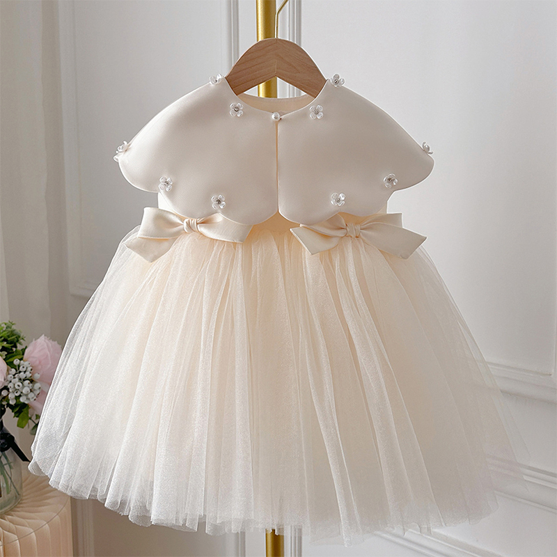 Satin Folds Bow Imitation Pearls Sleeveless Regular Dresses - Champagne - 11-13Y - image 1