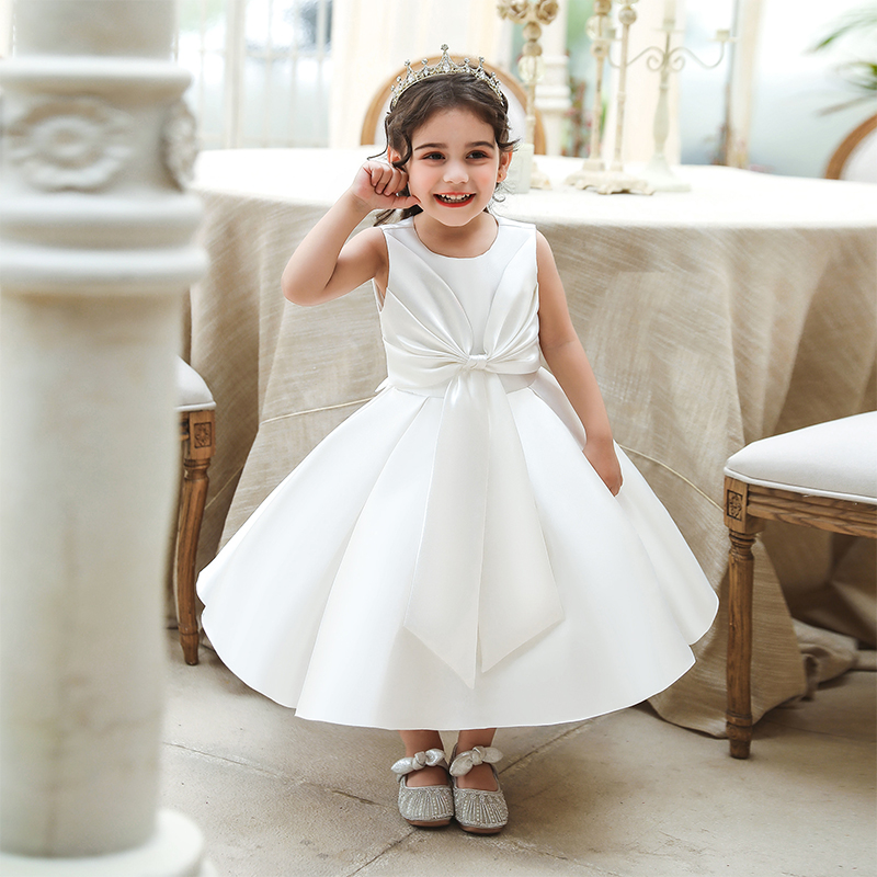 Satin Bow Sleeveless Regular Dresses - White - 5Y - image 1